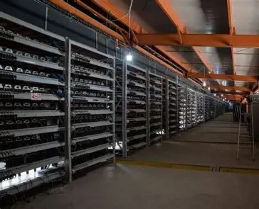 Inside view of a large-scale energy-efficient cryptocurrency mining farm